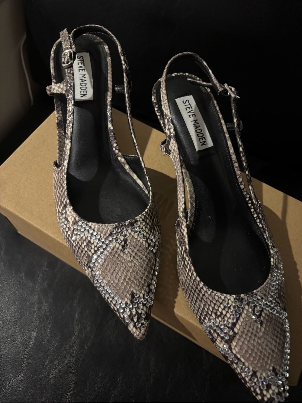 Steve Madden Snake-Print Pointed Slingback Heels in Taupe and Black